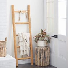 a wooden ladder sitting next to a potted plant