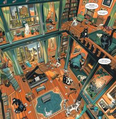 #ComicBook #Mansion #PlayfulCats #VibrantColors #OverheadView #Hermes #125:128AspectRatio Inside A Mansion, Comic Book Page, Playful Cats, Lights At Night, City Lights At Night, A Mansion, Comic Book Pages, Large Window, Orange Walls