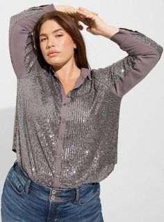 FIT Model is 5'10” wearing size 0. . Measures 30” from shoulder (size 2). MATERIALS + CARE Sequined woven fabric. 100% polyester. Dry clean only. Imported. DETAILS Collared neckline. Long sleeves. . Button front. Sequined detail. WHY WE LOVE IT Perfect for work, this lightweight top brings the polish while still staying comfortable. . The best plus size women's madison sequin long sleeve shirt tops in gunmetal made of sequin. Torrid is your destination for cozy fall and winter clothes to keep yo Leopard Print Blouse, Lightweight Tops, Puff Sleeve Top, Cute Skirts, Cozy Fall, Winter Clothes, Black Sequins, Perfect Shirt, Long Sleeve Shirt