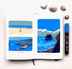 an open book with pictures of boats on the water and rocks in the ocean next to it