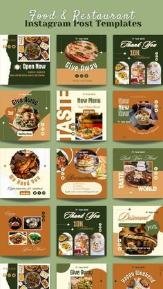 the food and restaurant instagram post templates are displayed in green, orange and white