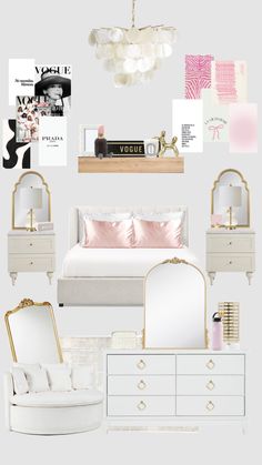 a white bedroom with gold accents and accessories on the wall, including a bed, dresser,