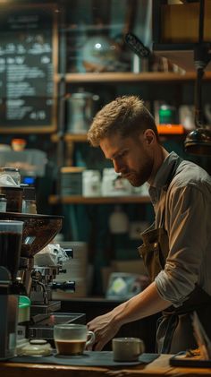 a man working in a coffee shop with his hand on the espresso machine