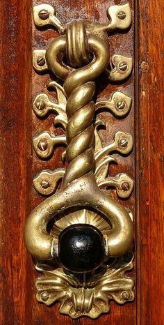 an ornate door handle on a wooden door