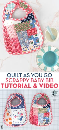 the instructions for how to make baby bibs with scrappy fabric and video is shown