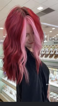 anna Pink Hair For Dark Hair, Pink Reddish Hair, Cherry Red Hair With Pink Money Piece, Red And Light Pink Hair, Dark And Light Pink Hair, Red And Hot Pink Hair, Valentines Hair Color Ideas, Half Pink Half Red Hair, Pink And Red Hair Dye