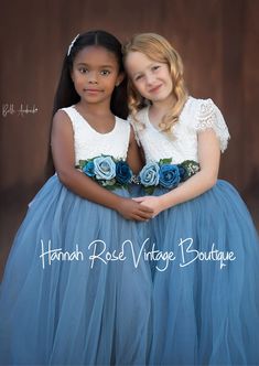 Dusty blue flower girl dress Piper Outfits, Dusty Blue Flower Girl Dress, Dusty Blue Flower Girl, Blue Girl Dress, Blue Flower Girl Dress, Vintage Flower Girl, Burgundy Flower Girl Dress, Blue Tulle Skirt, Blue Sash