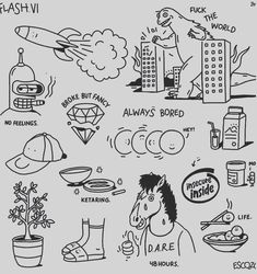 a black and white drawing of various things in the world with words above it that say,