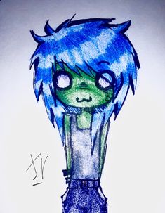 a drawing of a person with blue hair and green eyes, standing in front of a white background