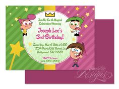 a birthday party card with cartoon characters on the front and back, featuring an image of two