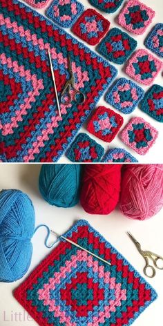 crocheted granny afghans with scissors and yarn