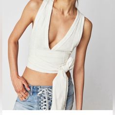 Free People Crop Top Never Worn No Tags Summer Beach Bandage Top, Chic Bandage Tops For Summer, Chic White Bandage Top, Spring White Bandage Tops, White Bandage Top For Spring, White Wrap Top For Summer, White Wrap Tops For Summer, White Wrap Top For Beach, Chic Spring Bandage Top