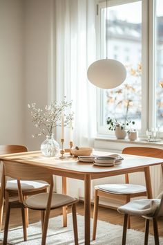 a wooden table with two chairs and a white vase on it in front of a window