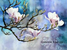 watercolor painting of two white flowers on a tree branch with blue sky in the background