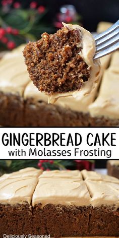 A double collage photo of gingerbread cake with molasses frosting. Fika Recipes, Molasses Frosting, Moist Gingerbread Cake, Gluten Free Gingerbread Cake, Moist Gingerbread, Gingerbread Dessert, Batch Baking, Gingerbread Cake Recipe, Desert Ideas