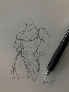 a drawing of a woman in a dress with her hand on her hip and a ballpoint pen next to it