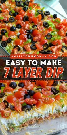 an easy to make 7 layer dip with tomatoes and olives