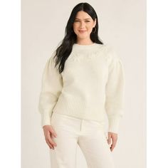 Take on sweater season in style with Free Assemblys Embroidered Sweater and watch the compliments come rolling in. This super-soft sweater charms with beautiful, tonal floral embroidery, textured blouson long sleeves and a fit thats relaxed, comfy and flattering. Keep it casual and pair this sweet sweater with jeans and flats and get ready for the weekend. Only at Walmart. Size: XS.  Color: Off-White.  Gender: female.  Age Group: adult. Cream Outfits, Flower Sweater, Jeans And Flats, Beaded Sweater, Sweater Season, Soft Sweater, Embroidered Sweater, White Sweater, Sleeveless Sweater