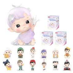 an assortment of figurines and toys for the little angel baby doll collection, including one