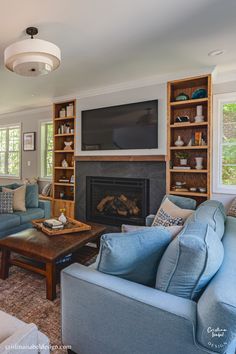 a living room filled with furniture and a flat screen tv mounted on the wall above a fire place