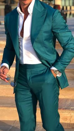 Turquoise Suits For Men, Tropical Semi Formal Outfit Men, Turquoise Mens Suit, Colourful Groom Suit, Hunter Green Tuxedo, Autumn Office Wear, Turquoise Suit, Suit For Prom, Teal Suit