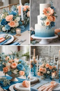 the table is decorated with blue and peach flowers, candles, and napkins on it