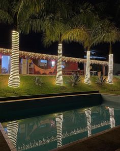 palm trees are lit up in front of a swimming pool at night with lights on the grass