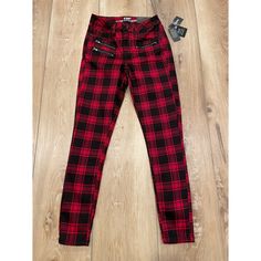 Hot Topic High-Rise Super Skinny Plaid Pants Red And Black Plaid New With Tags Casual Red Slim Fit Pants, Trendy Slim Fit Bottoms With Zipper Closure, Trendy Fitted Plaid Bottoms, Casual Fitted Pants With Zipper Closure, Fitted Casual Pants With Zipper Closure, Trendy Fitted Plaid Pants, High Waist Stretch Plaid Bottoms, High Waist Plaid Fitted Bottoms, High Waist Fitted Plaid Bottoms