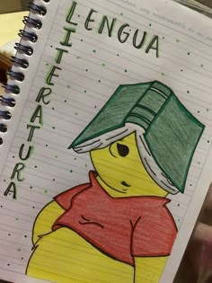 a notebook with a drawing of a person wearing a green hat on top of it