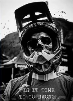 a man wearing a helmet and holding a baseball bat in his hand with the words is it time to go racing?