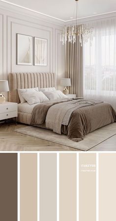 a bedroom with white walls and beige furniture in the color taupe, which is very neutral