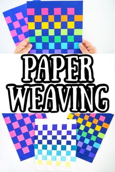 the words paper weaving are surrounded by colorful squares