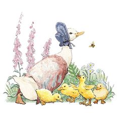 an illustration of a mother duck with her two baby ducks in the grass and flowers