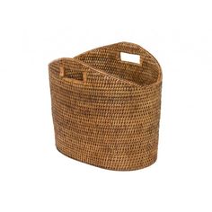 a large woven basket with handles on an isolated white background for use as a storage container