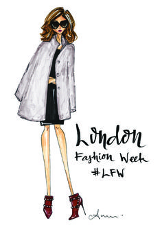 a drawing of a woman in a coat and boots with the words london fashion week on it