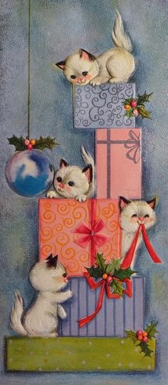 a painting of cats and presents on a blue background