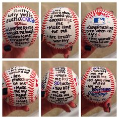 six pictures of baseballs with words written on them