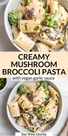 two bowls filled with pasta and broccoli on top of a white tablecloth