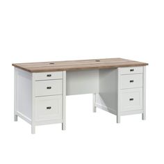 a white desk with two drawers and a wooden top