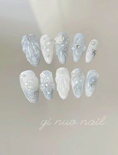 Winter Douyin Nails, Nailcissist Nails, Nail Designs Asian, White Y2k Nails, Japanese Gel Nail Designs, White Nails Aesthetic, Nail Inspo Y2k, Snowy Nails, Nail Y2k