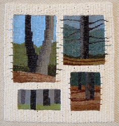 four pictures of trees in different colors and sizes on a piece of white fabric with green grass