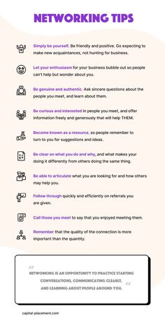 an info sheet with the words networking tips on it and other information about how to use it