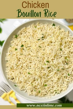 chicken bouillon rice in a white bowl on a yellow and green tablecloth