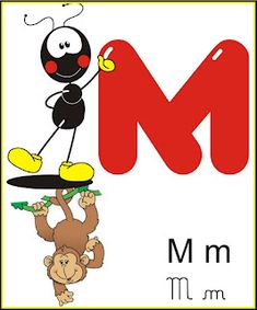 the letter m is for monkey with an animal on it's back and its name in