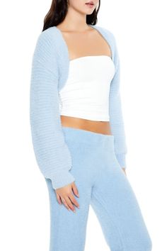 Ribbed shrug sweater featuring an open front and dropped long sleeves. | 78% nylon, 22% polyester | Hand wash cold | Model is 5'9" and wearing Small Christmas Stuff, Shrug Sweater, Outerwear Sweater, Outerwear Women, Front Open, Hand Wash, Long Sleeves, Long Sleeve, Christmas