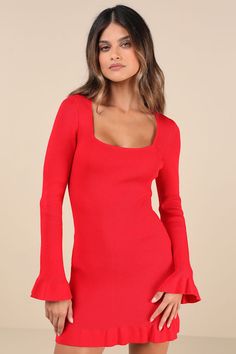 The Lulus Cozy Outlook Red Long Sleeve Sweater Mini Dress was made to be paired with a chic pair of boots and your favorite fall jacket! Stretchy ribbed knit shapes this too-cute dress that features a subtle square neckline, long sleeves with flaring ruffled cuffs, and a flirty bodycon silhouette that falls to a matching ruffled mini hem. Fit: This garment fits true to size. Length: Mid-thigh. Size medium measures 32.75" from shoulder to hem. Bust: Great for any cup size. Waist: Fitted - stretchy fabric allows custom fit. Hip: Loosely Fitted. Undergarments: May be worn with a strapless bra, adhesive bra, petals, or no bra. Fabric: Fabric is very stretchy. Unlined. 70% Viscose, 30% Polyester. Hand Wash Cold. Do Not Bleach. Line Dry. Iron Low Heat. Imported. Lulus | Cozy Outlook Red Long Sle Winter Mini Dress, Dresses Casual Boho, Winter Mini Dresses, Sweater Mini Dress, Red Sweater Dress, Fiesta Outfit, Casual Formal Dresses, Lulu Fashion, Dress Winter