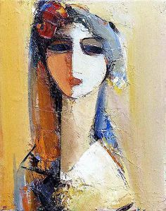 an abstract painting of a woman with long hair and blue eyes wearing a white dress