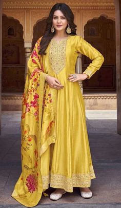 Vichitra Silk Embroidery Work Anarkali Style Salwar Suit In Yellow - 145579462 Yellow Silk Suit, Floral Dupatta, Yellow Dupatta