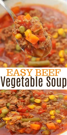 easy beef vegetable soup in a white bowl with a spoon