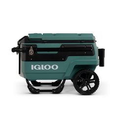 an igloo cooler is shown with wheels on the front and side, it's green